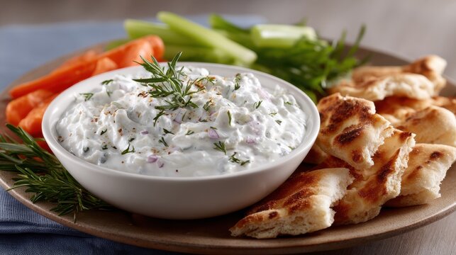 Creamy tzatziki dip with fresh vegetables and pita bread garnished with rosemary