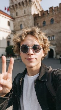 Young caucasian male taking selfie outdoors with peace sign gesture