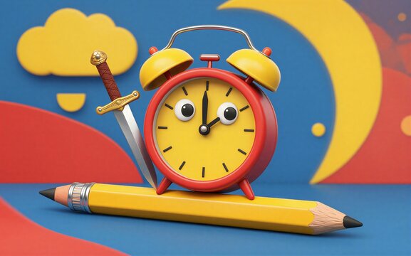 A cartoon alarm clock with eyes sits atop a pencil holding a sword.