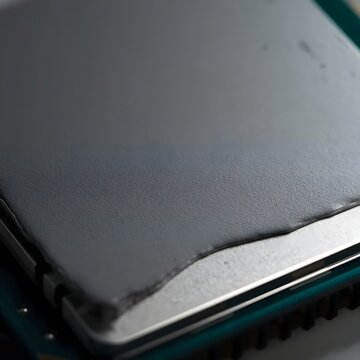 Extreme macro of thermal paste on a CPU, depicting hardware-level computing and processor maintenance in detail.