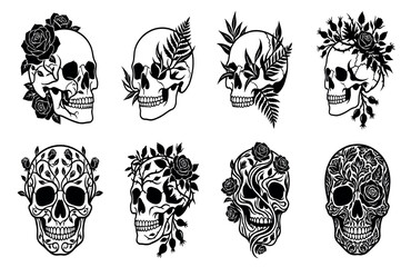 Fototapeta premium Collection of Minimalist Human Skull Silhouettes with Ornate Floral Elements Roses and Botanical Leaf Patterns in Black and White