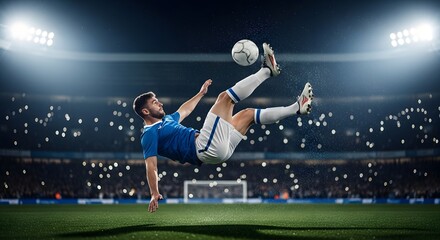 Naklejka premium Athletic Soccer Player In Blue Uniform Doing Bicycle Kick At Night