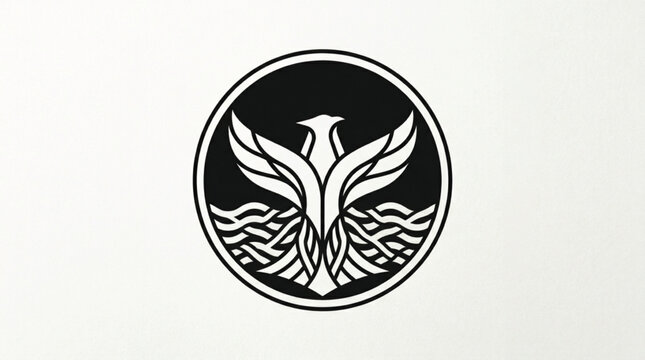 Stylized phoenix bird emblem vector with circular frame and abstract wave patterns for logos, badges, and minimal black-and-white design illustrations