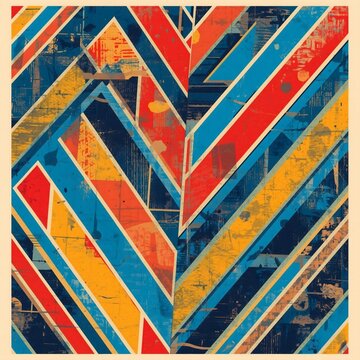 Textured geometric background featuring overlapping colorful stripes with an industrial grunge style