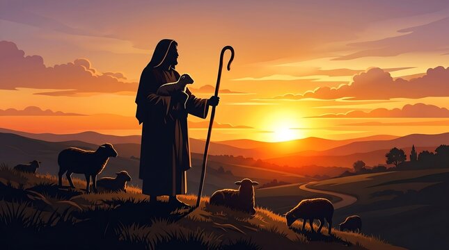 A serene shepherd stands with a lamb at sunset in a peaceful countryside landscape with rolling hills and a vibrant orange sky