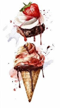 Delicious desserts: chocolate cake with strawberry and swirled ice cream cone, National Dessert Month, National Dessert Month