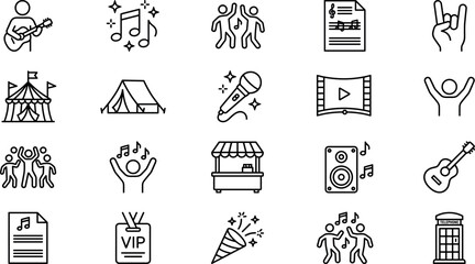 Music festival and live entertainment outline vector icons featuring guitar microphone dancing concert tent VIP pass and party celebration symbols © ShuvoStock