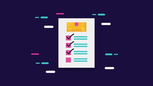 Animated checklist for package delivery on dark background with abstract motion elements.
