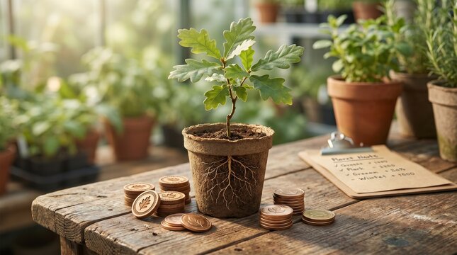 Green finance concept with oak sapling and coins in nursery