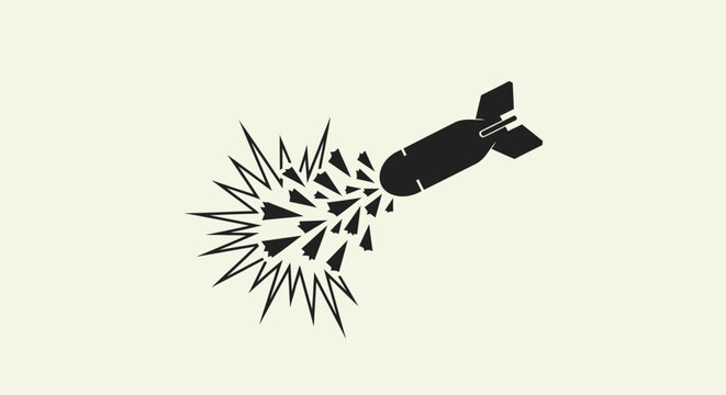 Black and white silhouette illustration of a falling bomb exploding into small paper planes.