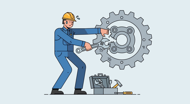 Worker struggling to fix broken gear with wrench, illustration