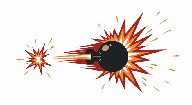 Cartoon style round black bomb flying through the air with a fiery explosion.