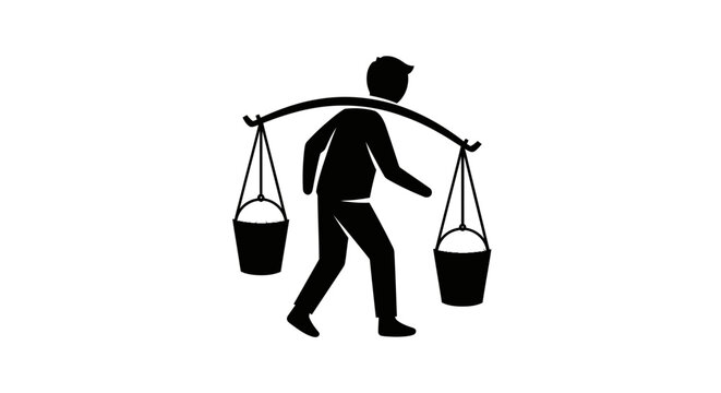 Silhouette illustration of a person carrying buckets with a shoulder pole.