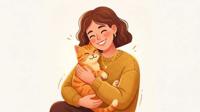 Happy woman warmly hugging an orange tabby cat indoors smiling with joy and affection in a cozy setting