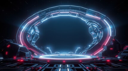 Fototapeta premium Futuristic portal dominates scene. Glowing rings, platform, dark metallic structure create dramatic effect. Intense lighting emphasizes depth.