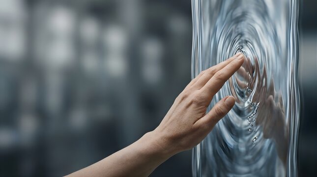 Human hand touching a digital water ripple screen for virtual interface