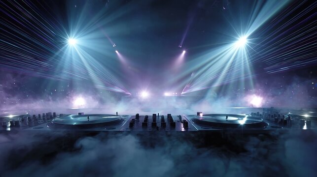 Dynamic DJ setup with turntables and mixer illuminated by vibrant stage lights and atmospheric smoke effects