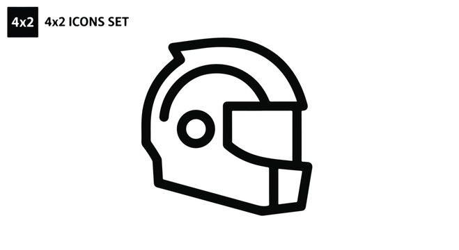 Minimalist motorcycle helmet icon vector, racing safety gear line art, black and white 4x2 icons set element for sports branding and apps