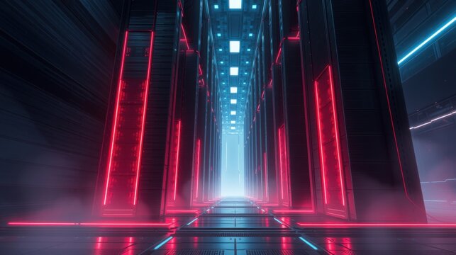 Futuristic corridor. Red, blue lights illuminate metallic structures. Fog creates dramatic perspective, emphasizing depth. Minimalist design.