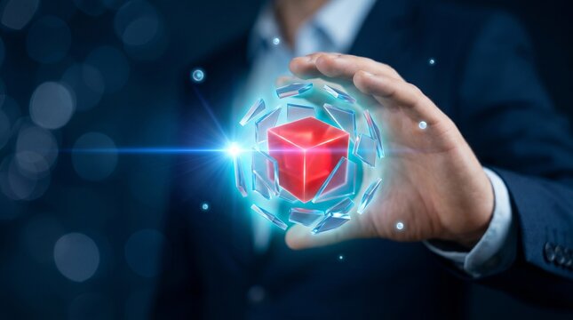 Businessman holding a glowing red cube surrounded by glass shards, concept of innovation, core values, and digital technology protection