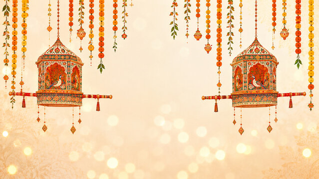 Indian Wedding Backdrop with Marigold Garlands and Palki