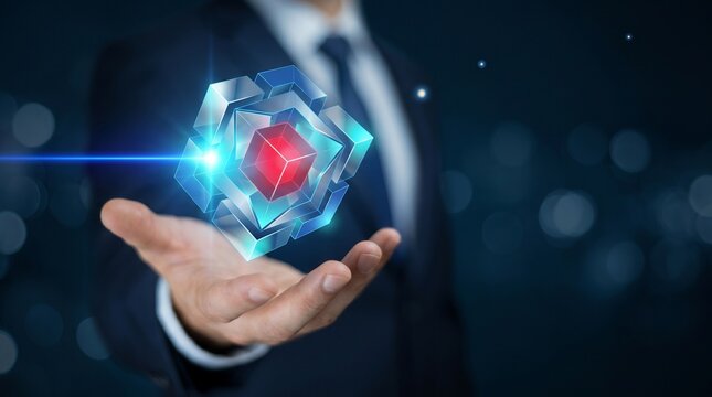 Businessman holding a futuristic glowing 3d geometric cube structure with a red core, representing innovation, data network, blockchain technology, and digital business solutions