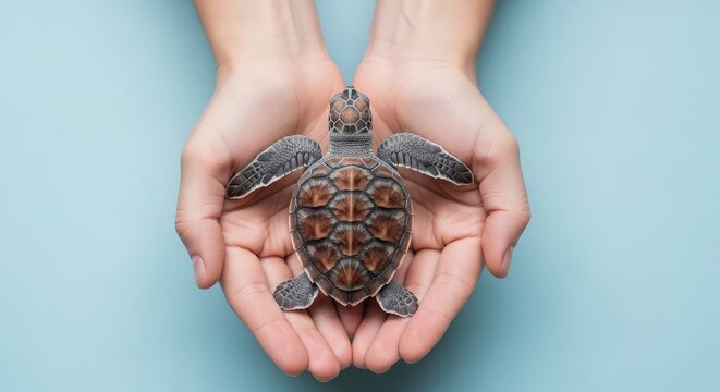World turtle day banner with human hands protecting a tiny sea turtle over light blue background