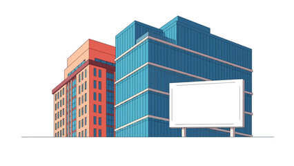 Obraz premium Modern City Office Buildings with Blank Billboard Mockup, Vector Illustration of Corporate Architecture on White Background