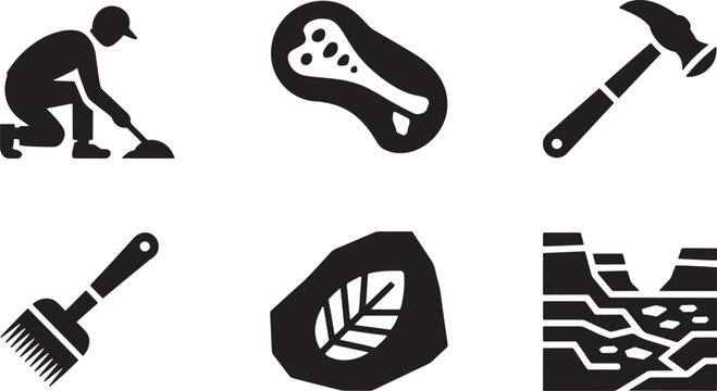 Archaeology icons set depicting dig site fossil hammer brush and rock layer in outline solid