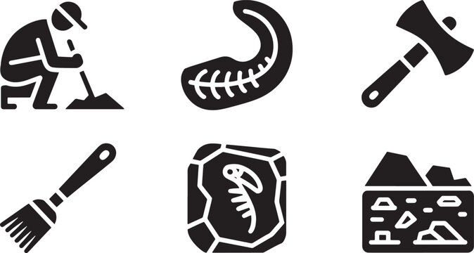 Archaeology icons set featuring excavation tools and fossils with digging on white background