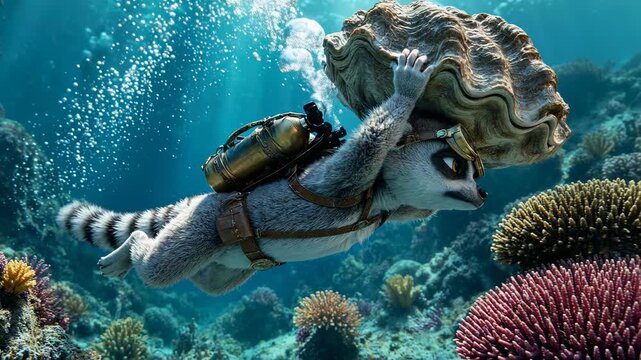 A curious lemur wearing vintage scuba diving gear swims through a vibrant coral reef, carrying a large shell overhead while bubbles rise to the ocean surface in an underwater adventure scene.