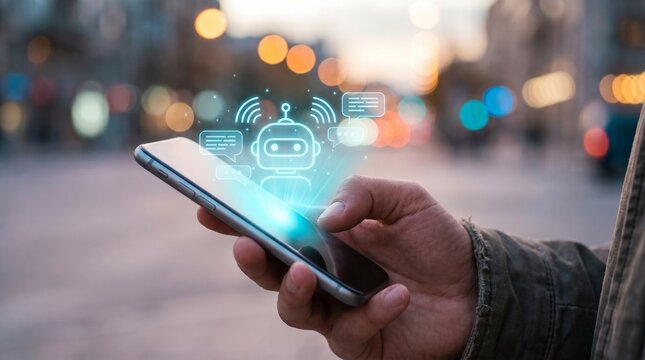 Person holding smartphone with glowing holographic ai chatbot icon and speech bubbles, artificial intelligence digital assistant concept on blurred city background