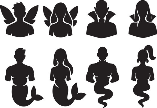 Fantasy Mythical Creature Avatar Silhouette Vector Set featuring Fairies, Vampires, Mermaids, and Genies. Black and White Icons for RPG, Gaming, Profile Pictures, and Web Design Assets.