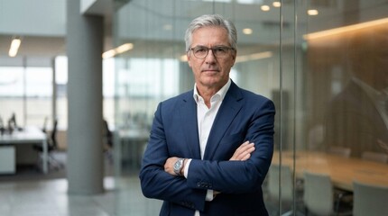 Fototapeta premium Portrait motivated executive confident senior business man specialist looking dreaming at copy space. Insipired indian or latin hispanic mature middle age boss, leader, ceo male businessman in office