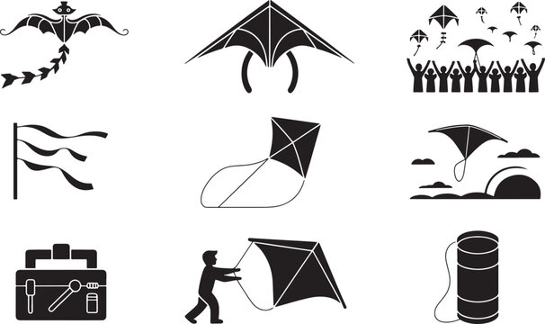 Kite flying outdoor icons set in outline and solid styles recreation on white background person