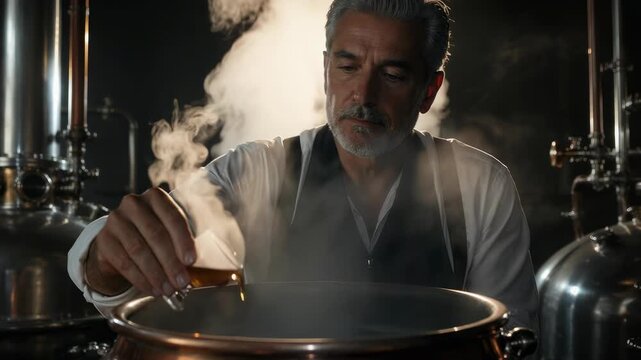 A distinguished master distiller with graying hair carefully examines a sample of spirit, standing in a dimly lit copper distillery with rising steam, emphasizing craftsmanship and tradition.