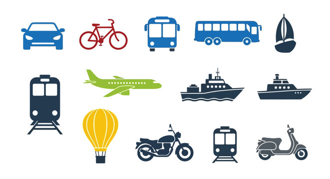 Transportation icons car bicycle bus train airplane boat scooter balloon