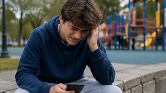 A distressed young man sits on a stone wall in a playground while checking his phone, showing signs of frustration, stress, and anxiety in a public park setting, high quality cinematic footage.