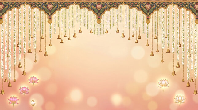 Traditional Indian Wedding Backdrop with Floral Garlands and Bells