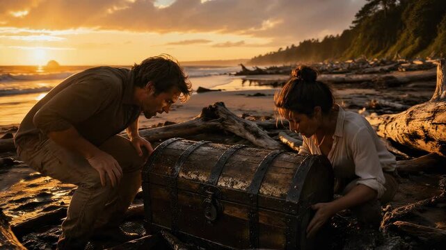 A man and woman discover an ancient wooden treasure chest on a driftwood strewn beach at sunset. A cinematic scene of adventure, exploration, and discovery during the golden hour on the coast.