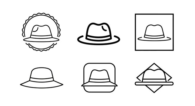 Set of minimalist fedora hat icons with various geometric frames