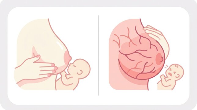 Illustration shows breast engorgement in postpartum women during the fourth trimester with focus on the effects of breastfeeding on breast health.
