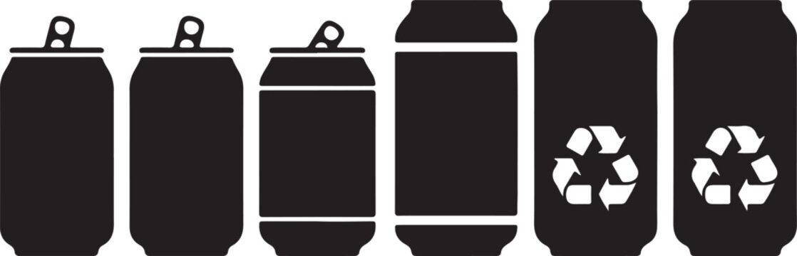 set of black plastic bottles. Soda can icon, transparent background. Dented soda cans icons set. Beverage, beer and brewing sign and symbol. soda and juice silhouette. Vector illustration
