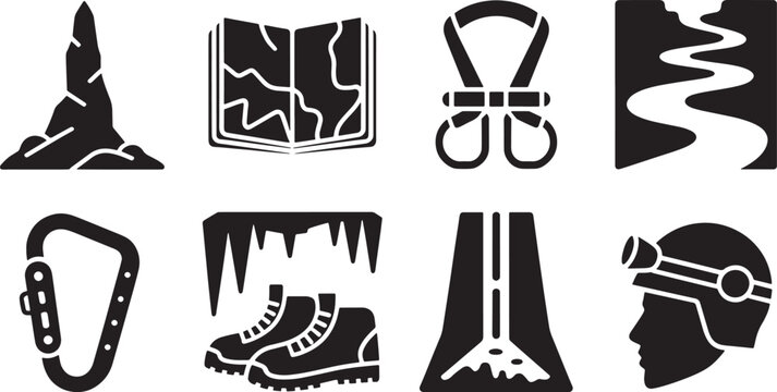 Speleology and cave exploration equipment icons set in solid black style on white background