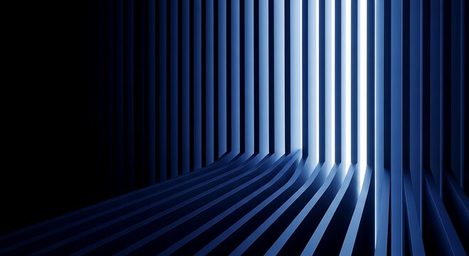 Abstract background with vertical blue glowing light panels forming a curved tunnel or architectural structure with depth and perspective imagine studio
