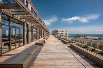 Naklejka premium Modern wooden rooftop terrace with ocean view and contemporary building in background on sunny day