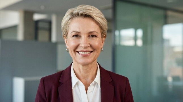 European confident mature middle aged leader female businesswoman manager standing in office. Closeup headshot portrait 40s latin hispanic senior business mentor coach woman leader smiling at camera