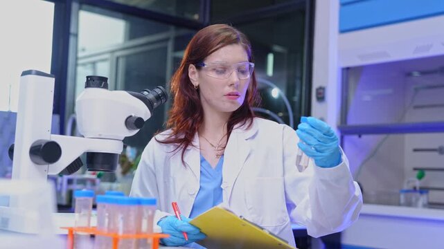 Scientific experiment conducted by a researcher in a high-tech laboratory setting engaging and analytical viewpoint