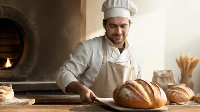 A professional baker in traditional uniform proudly presents a freshly baked, crusty loaf of sourdough bread, captured in a warm, rustic bakery setting near an artisanal stone oven, ideal for culinary