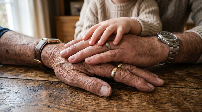 Intergenerational connection symbolized by three generations of hands clasped together, creating a heartwarming scene
